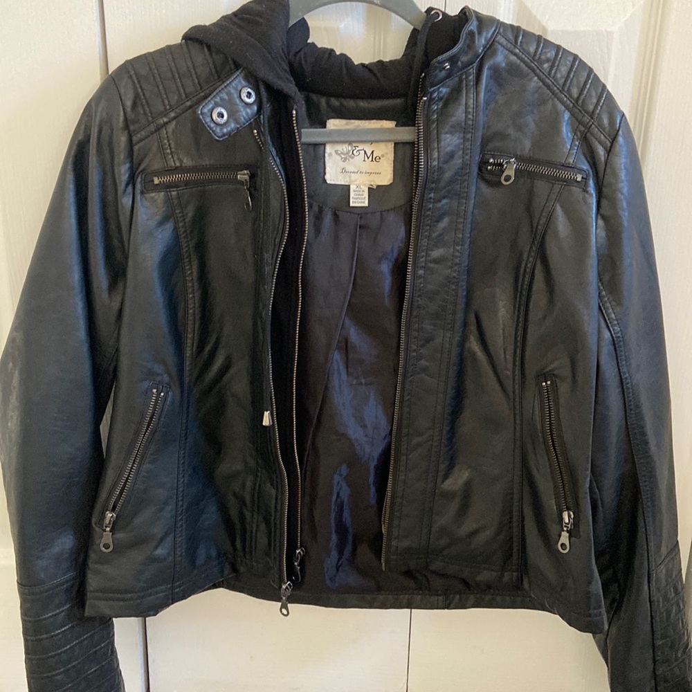 Black leather jacket with hood